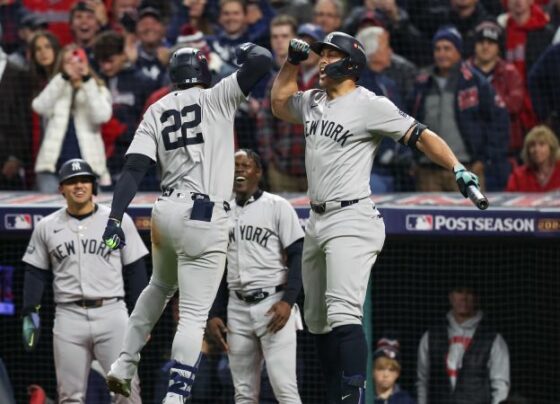 CLEVELAND, OH - OCTOBER 19: Juan Soto #22 of the New York Yankees hits a three-run home run in the 10th inning during Game 5 of the ALCS