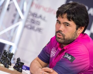 Hikaru Nakamura facing off against world No. 1 Magnus Carlsen at the Global Chess League 2024 in London.