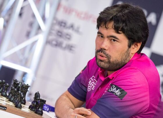 Hikaru Nakamura facing off against world No. 1 Magnus Carlsen at the Global Chess League 2024 in London.