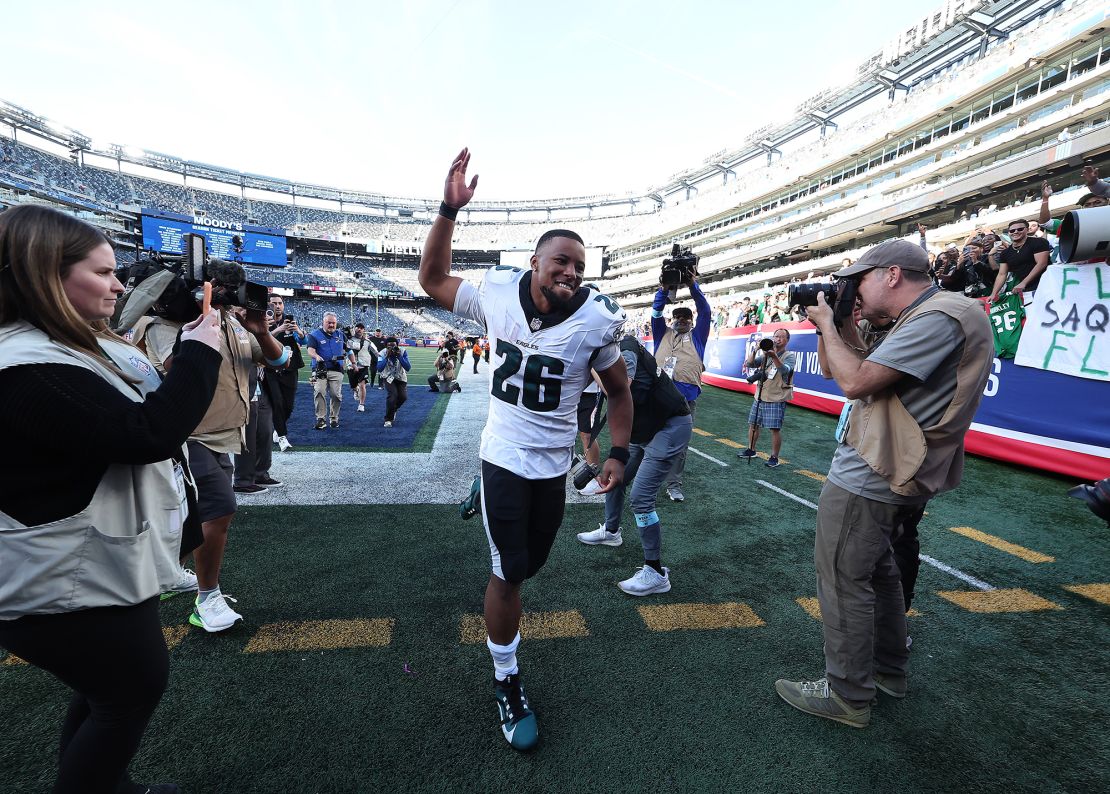 Barkley celebrates after running all over the Giants at MetLife Stadium.