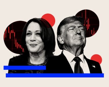 Kamala Harris and Donald Trump with a stock chart