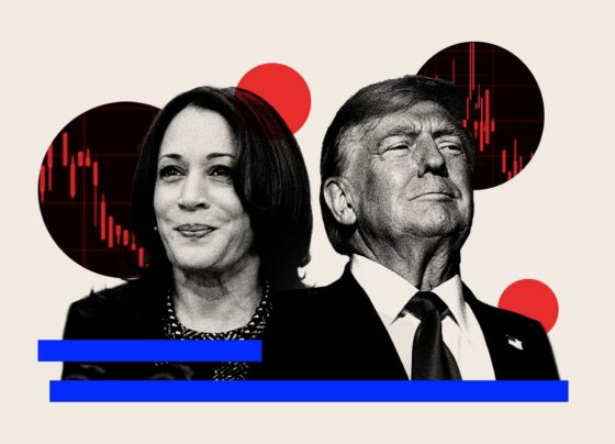 Kamala Harris and Donald Trump with a stock chart