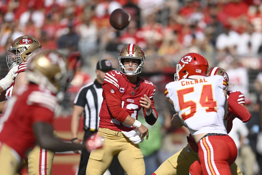 49ers quarterback Brock Purdy threw three interceptions in the loss to the Chiefs.