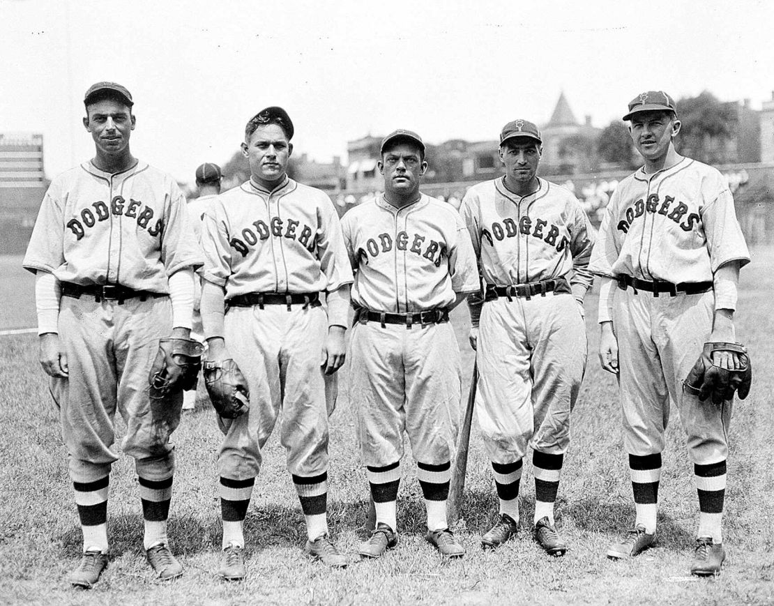 Joe Hutcheson, Sam Leslie, Dan Taylor, Johnny Frederick and Walter Beck pose on July 11, 1933, at Ebbets Field.