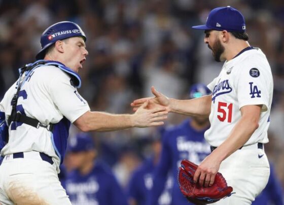 Los Angeles Dodgers' Teoscar Hernández watches his two-run home run in Game 2.