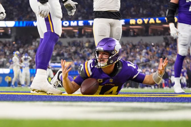 Minnesota Vikings quarterback Sam Darnold reacts after being sacked for a safety in his own endzone by Los Angeles Rams linebacker Byron Young in Inglewood, California, on Thursday, October 24. TV replays showed Young had grabbed Darnold’s face mask. After the game, lead official Tra Blake said the incident went unpenalized because none of his officiating crew had a clear look at it. The Rams won 30-20.