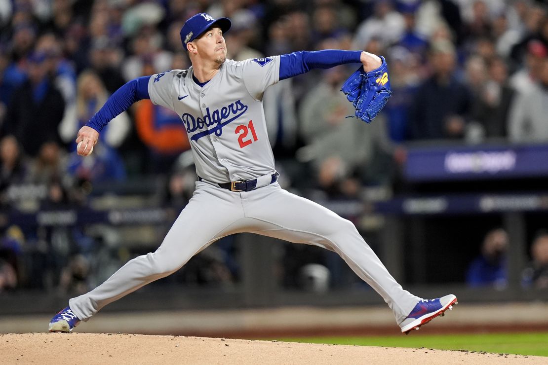 Dodgers pitcher Walker Buehler throws against the New York Mets during the first inning in Game 3 of the NL Championship Series.