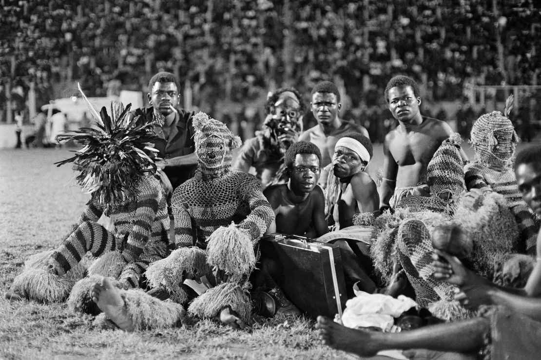 Zairean men are seen inside the stadium in Kinshasa on October 30, 1974, just before the Rumble in the Jungle.