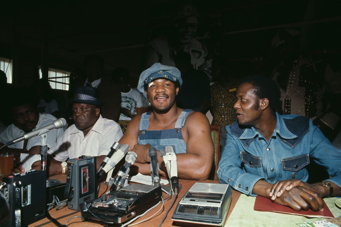 Foreman holds a press conference in Kinshasa on September 18, 1974.