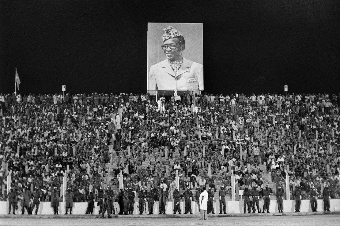 A portrait of President of Zaire Mobutu Sese Seko is seen at the stadium in Kinshasa during the fight.