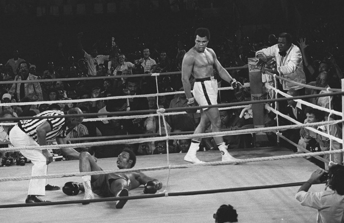 Referee Zack Clayton counts out Foreman in the eighth round of the Rumble in the Jungle.