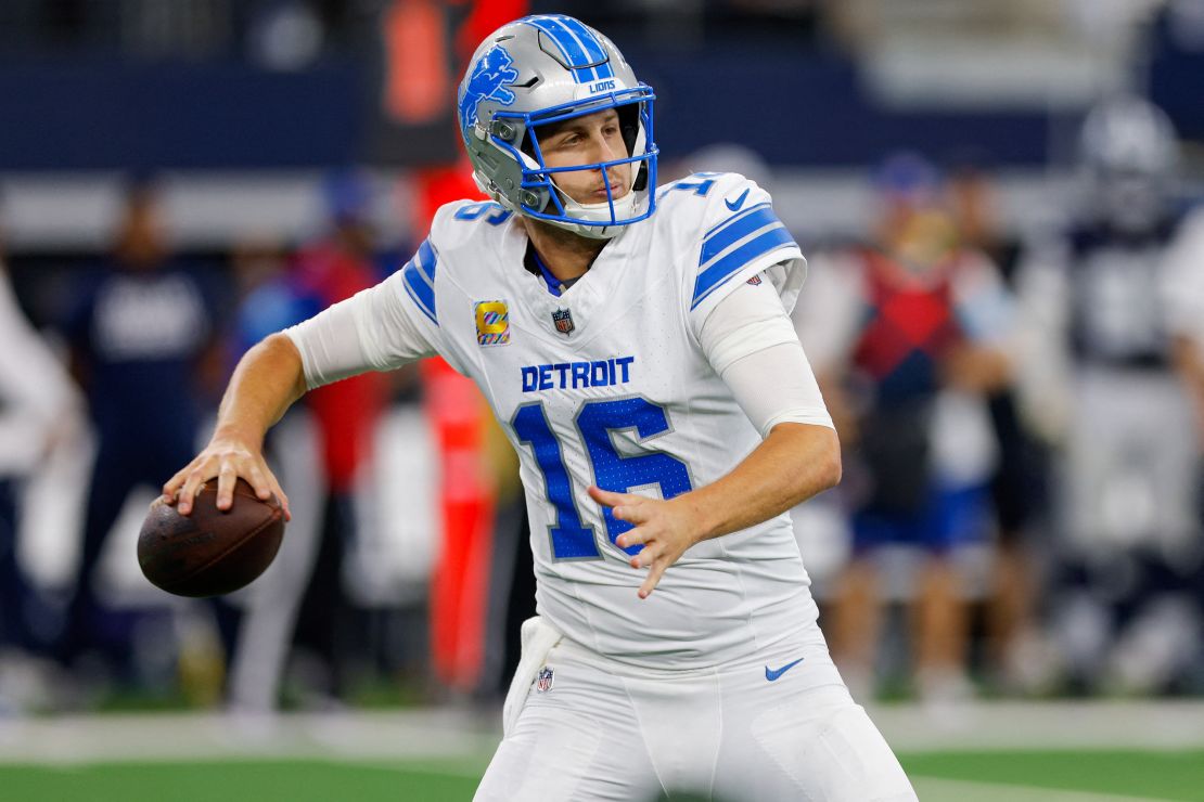 Oct 13, 2024; Arlington, Texas, USA; Detroit Lions quarterback Jared Goff (16) drops back to pass during the third quarter against the Dallas Cowboys at AT&T Stadium. Mandatory Credit: Andrew Dieb-Imagn Images