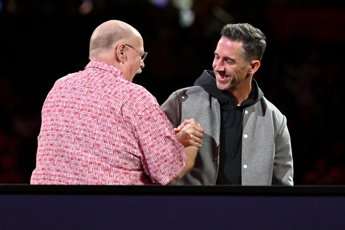 LAS VEGAS, NEVADA - FEBRUARY 05: Head coach Andy Reid of the Kansas City Chiefs (L) and head coach Kyle Shanahan of the San Francisco 49ers meet on stage during Super Bowl LVIII Opening Night at Allegiant Stadium on February 05, 2024 in Las Vegas, Nevada. (Photo by Candice Ward/Getty Images)