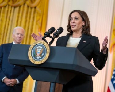 Vice President Kamala Harris delivering remarks in the East Room of the White House.