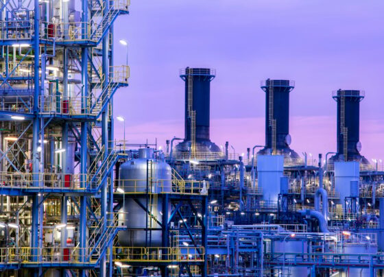 A chemical plant at dusk.