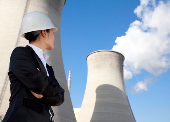 A person standing in front of a nuclear power plant.