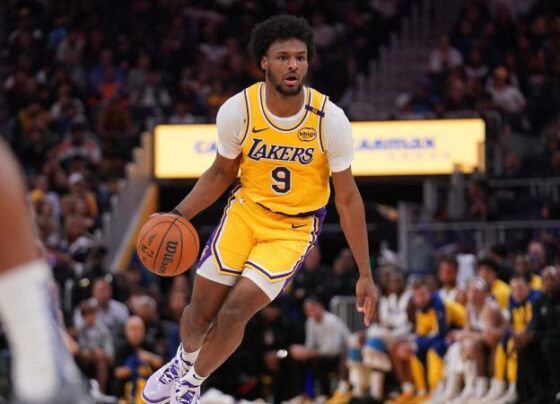 SAN FRANCISCO, CA - OCTOBER 18: Bronny James #9 of the Los Angeles Lakers drives to the basket during the game against the Golden State Warriors during a NBA Preseason game on October 18, 2024 at Chase Center in San Francisco, California. NOTE TO USER: User expressly acknowledges and agrees that, by downloading and or using this photograph, user is consenting to the terms and conditions of Getty Images License Agreement. Mandatory Copyright Notice: Copyright 2024 NBAE (Photo by Noah Graham/NBAE via Getty Images)