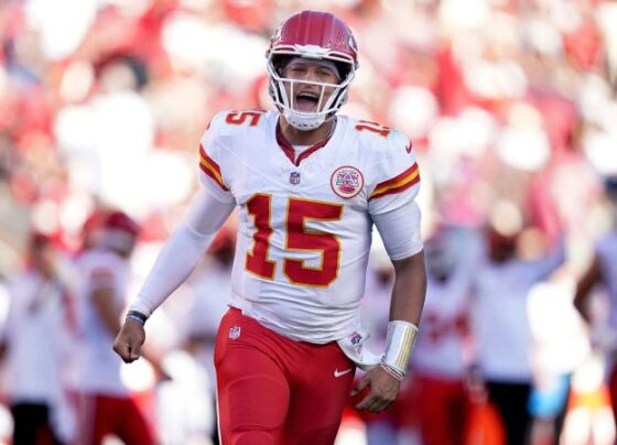 Mahomes threw two interceptions but ran for a touchdown in the win over the 49ers.