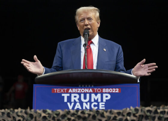 Donald Trump speaks during a campaign rally at Findlay Toyota Center on October 13, 2024 in Prescott Valley, Arizona. (Photo by Rebecca Noble/Getty Images)