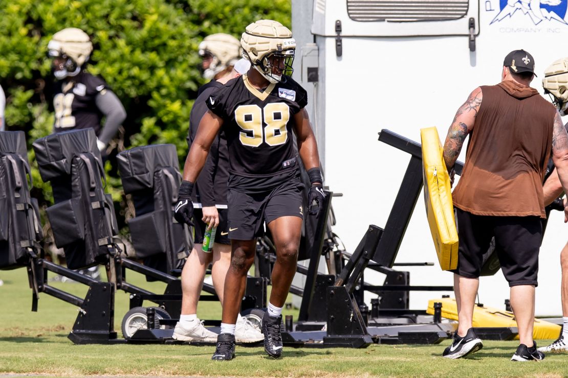 May 11, 2024; New Orleans, LA, USA; New Orleans Saints defensive end Roje Stona (98) looks on during the rookie minicamp at the Ochsner Sports Performance Center. Mandatory Credit: Stephen Lew-USA TODAY Sports