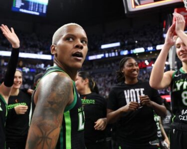 MINNEAPOLIS, MINNESOTA - OCTOBER 18: Jonquel Jones #35 of the New York Liberty shoots the ball against Napheesa Collier #24 of the Minnesota Lynx during the third quarter in Game Four of the WNBA Finals at Target Center on October 18, 2024 in Minneapolis, Minnesota. (Photo by David Berding/Getty Images)