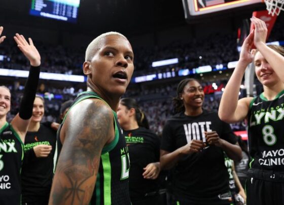 MINNEAPOLIS, MINNESOTA - OCTOBER 18: Jonquel Jones #35 of the New York Liberty shoots the ball against Napheesa Collier #24 of the Minnesota Lynx during the third quarter in Game Four of the WNBA Finals at Target Center on October 18, 2024 in Minneapolis, Minnesota. (Photo by David Berding/Getty Images)