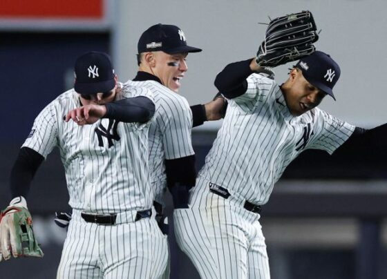 Yankees pitcher Carlos Rodón throws against the Guardians in Game 1 of the ALCS.