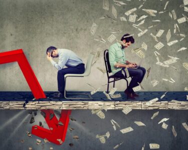 Two people sitting in chairs considering different investment decisions. One looks distraught; the other has money raining down on him.