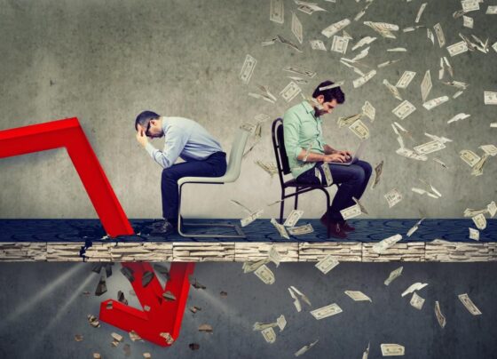 Two people sitting in chairs considering different investment decisions. One looks distraught; the other has money raining down on him.