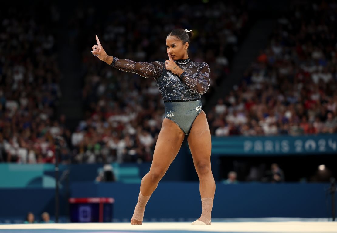 Jordan Chiles, pictured during her floor exercise routine in the qualification round at the 2024 Paris Olympics, says she's learned from teammate Simone Biles the importance of 