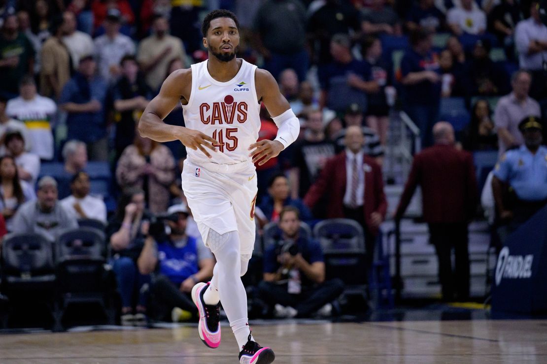 Cleveland Cavaliers guard Donovan Mitchell reacts after a three-point basket during the first half against the New Orleans Pelicans.