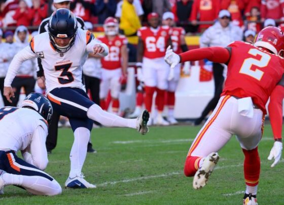 Kansas City Chiefs tight end Travis Kelce scores a touchdown against the Denver Broncos on Sunday November 10, 2024 at Arrowhead Stadium in Kansas City, Missouri.