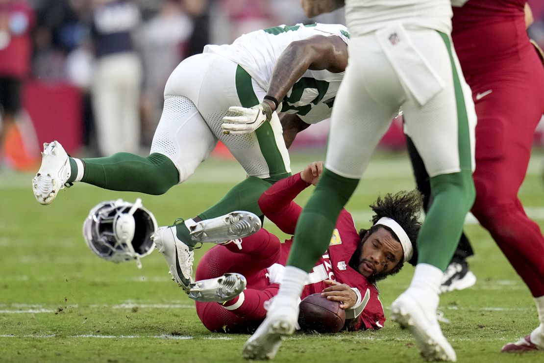 Murray had his helmet knocked off during a sack against the Jets.