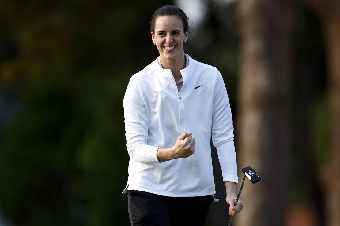 BELLEAIR, FLORIDA - NOVEMBER 13: Professional basketball player Caitlin Clark reacts on the fifth hole prior to The ANNIKA driven by Gainbridge at Pelican 2024 at Pelican Golf Club on November 13, 2024 in Belleair, Florida. (Photo by Douglas P. DeFelice/Getty Images)