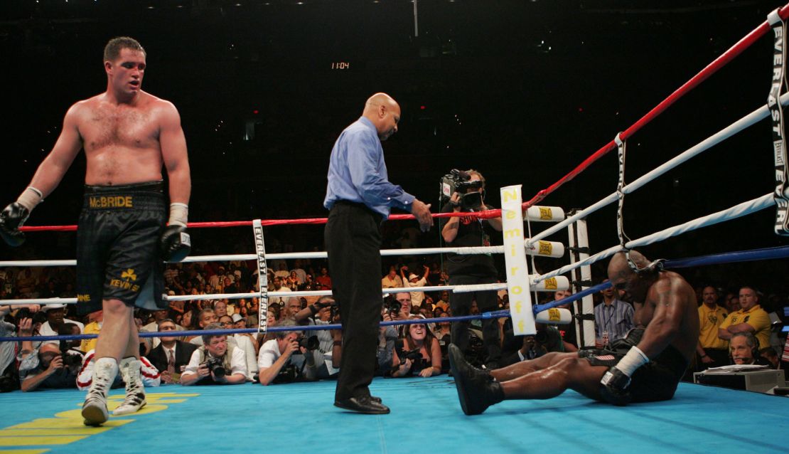 Tyson's (right) last professional fight came in 2005 when he lost to Ireland's Kevin McBride (left).