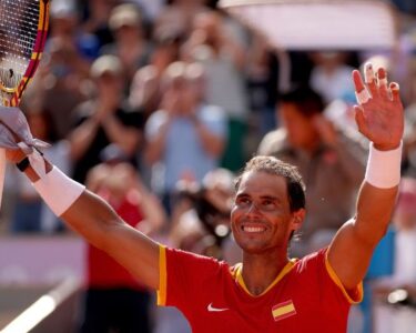 Nadal celebrates after beating Roger Federer in the Wimbledon final in 2008.