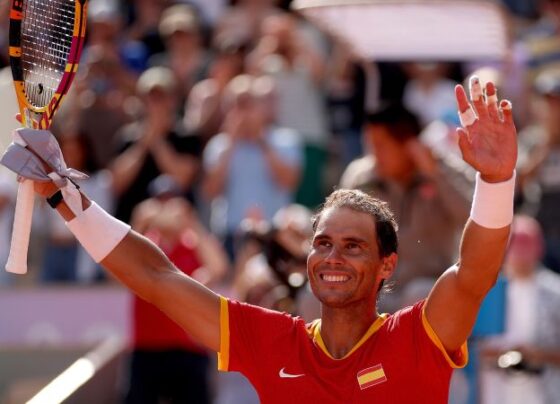 Nadal celebrates after beating Roger Federer in the Wimbledon final in 2008.