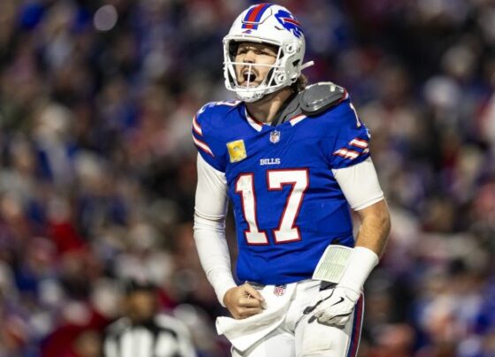 Buffalo Bills quarterback Josh Allen slips past Kansas City Chiefs cornerback Nazeeh Johnson to score on a 26-yard run near the end of the game in Orchard Park, New York, on Sunday, November 17. The Bills beat the Chiefs 30-21, ending Kansas City’s 15-game win streak. Allen finished with 262 yards, one touchdown and one interception while adding 57 yards and a score on the ground.