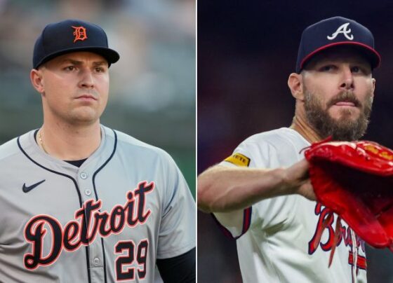 CLEVELAND, OHIO - OCTOBER 12: Tarik Skubal #29 of the Detroit Tigers throws a pitch during the first inning against the Cleveland Guardians during Game Five of the Division Series at Progressive Field on October 12, 2024 in Cleveland, Ohio. (Photo by Jason Miller/Getty Images)