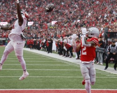 Ohio State receiver Carnell Tate celebrates in the first quarter. (Photo by Jason Mowry/Getty Images)