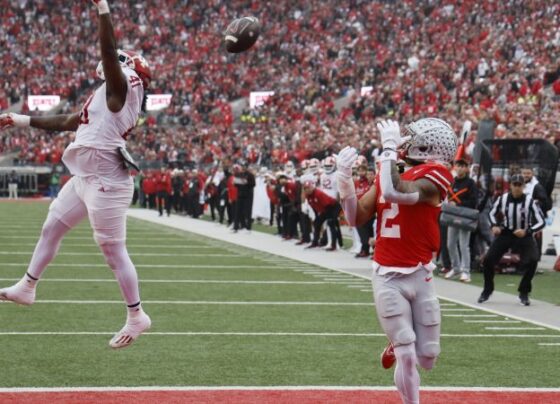 Ohio State receiver Carnell Tate celebrates in the first quarter. (Photo by Jason Mowry/Getty Images)