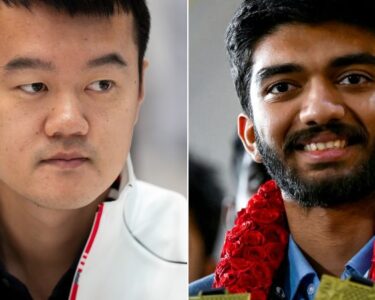 ASTANA, KAZAKHSTAN - APRIL 29: Grandmaster Ding Liren (L) of China plays against grandmaster Ian Nepomniachtchi of Russia during the 2023 World Chess Championship at the St Regis Astana Hotel on April 29, 2023 in Astana, Kazakhstan. (Photo by Zhang Shuo/China News Service/VCG via Getty Images)