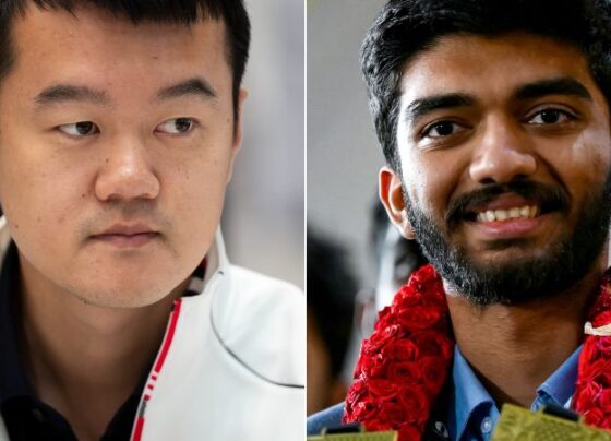 ASTANA, KAZAKHSTAN - APRIL 29: Grandmaster Ding Liren (L) of China plays against grandmaster Ian Nepomniachtchi of Russia during the 2023 World Chess Championship at the St Regis Astana Hotel on April 29, 2023 in Astana, Kazakhstan. (Photo by Zhang Shuo/China News Service/VCG via Getty Images)