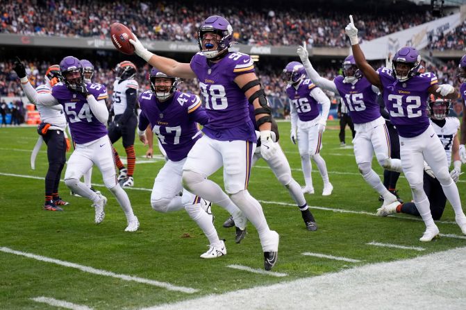 Minnesota Vikings linebacker Bo Richter celebrates after recovering a fumble on a Vikings punt in Chicago on November 24.