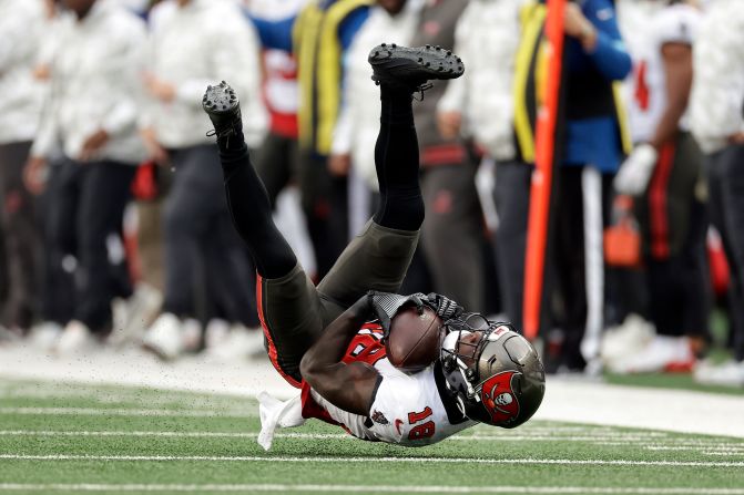 Tampa Bay Buccaneers wide receiver Rakim Jarrett makes a catch during his team's 30-7 victory over the New York Giants at MetLife Stadium in East Rutherford, New Jersey, on November 24.