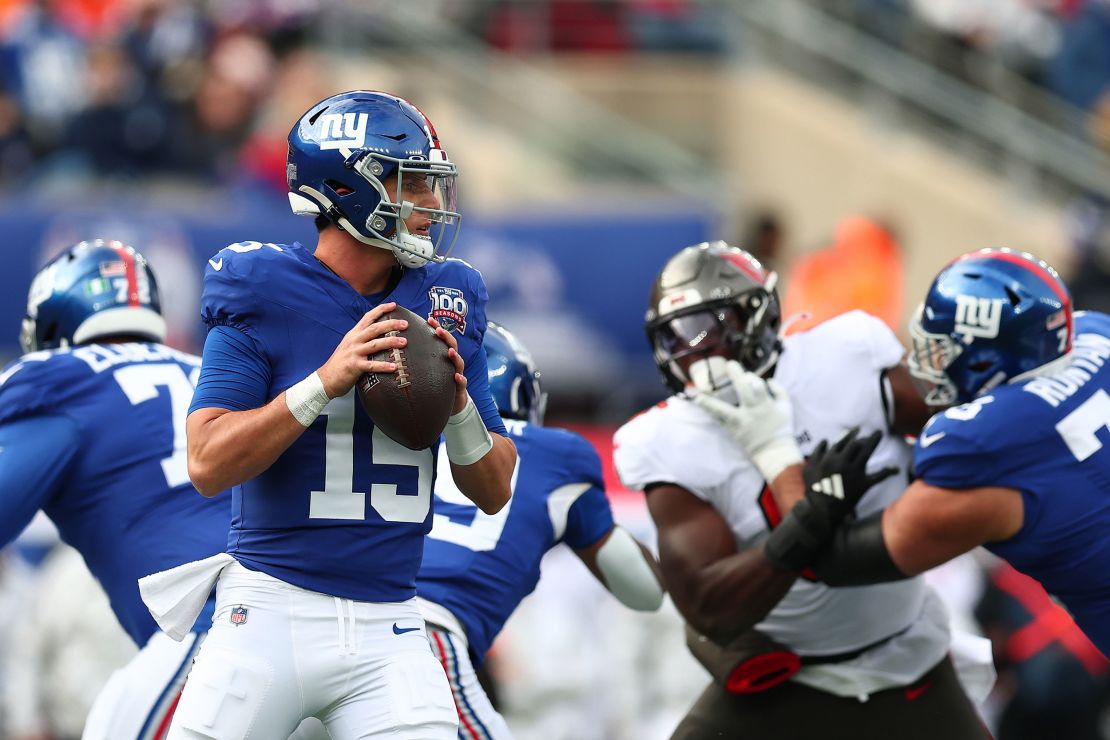 Tommy DeVito looks to pass against the Tampa Bay Buccaneers during the first half at MetLife Stadium on November 24.