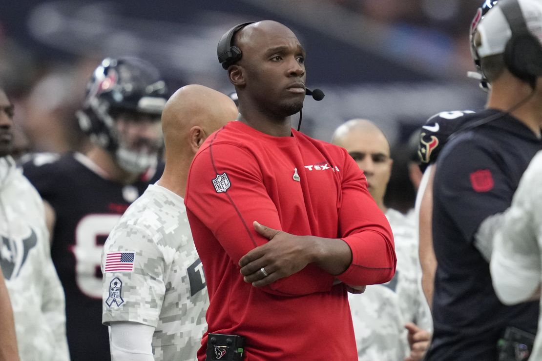 Houston Texans head coach DeMeco Ryans looks onto the field during the first half of an NFL football game against the Houston Texans, Sunday, Nov. 24, 2024, in Houston. (AP Photo/Ashley Landis)