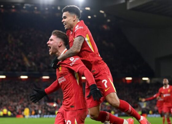 Liverpool's Cody Gakpo scores his team's second goal to seal the victory.