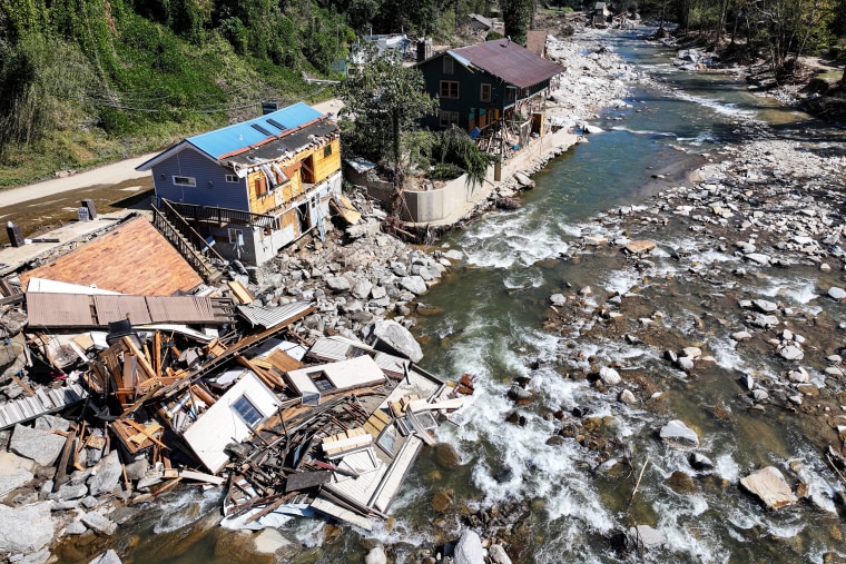 An aerial view of destroyed and damaged buildings in the aftermath of Hurricane Helene.