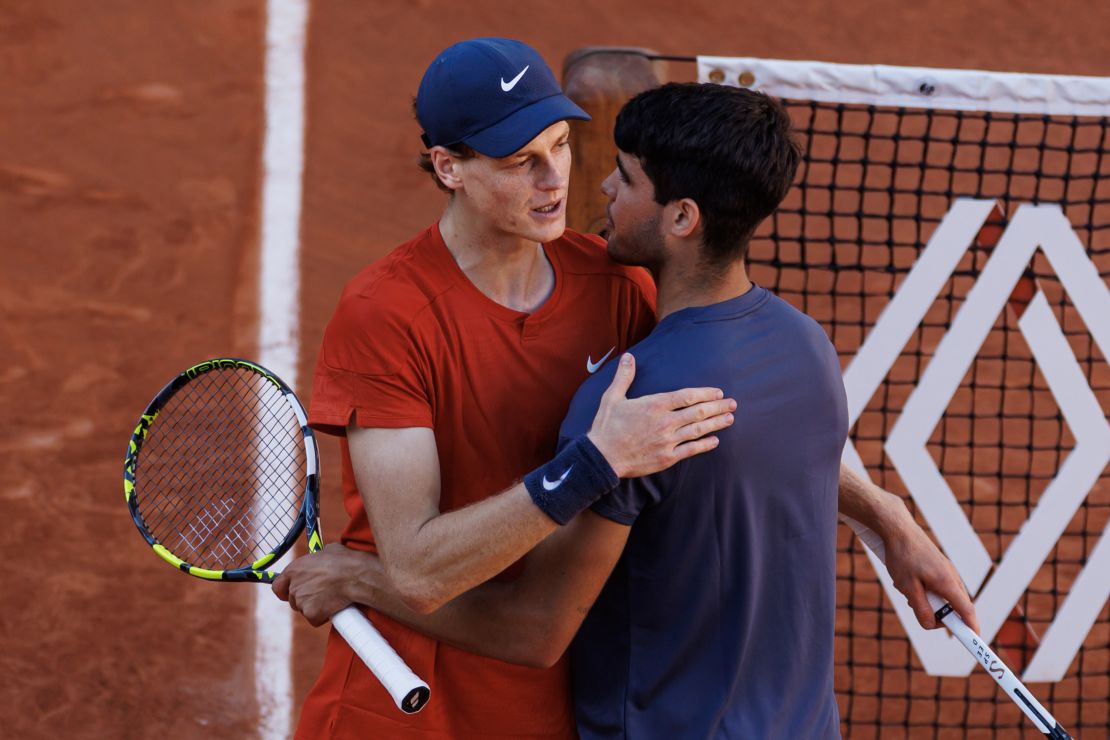 PARIS, FRANCE - JUNE 07: Carlos Alcaraz of Spain shakes hands with Jannik Sinner of Italy after beating him in the semi-final of the men's singles at Roland Garros on June 07, 2024 in Paris, France. (Photo by Frey/TPN/Getty Images)